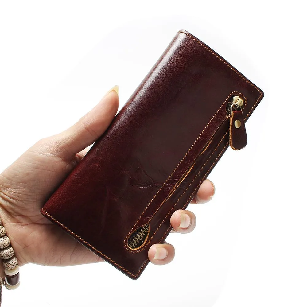 Wholesale- Genuine Leather Men's Wallet Newly Bifold RFID Blocking Wallet For Men Protection Cowhide Zipper Long Purse