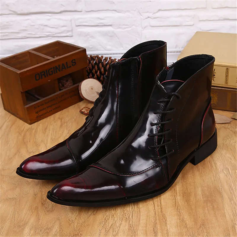 Vine latéral Rouge Zipper hommes chevilles en cuir authentique en dentelle de chaussures robes bottines