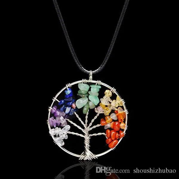 Vintage Women`s Girl Natural Crystal Quartz Gemstone 7 Chakra Healing Tree of Life Pendant Necklace Jewelry Gift Hot