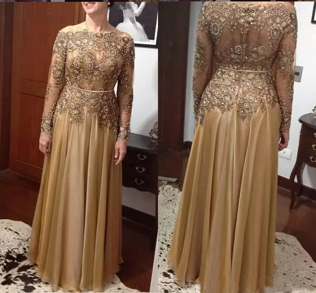 Cuentas de encaje dorado Vestidos para la madre de la novia Vestido para la madre del novio Tallas grandes Manga larga Scoop Vestidos de fiesta de noche