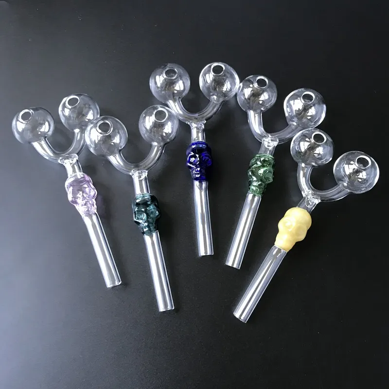 Wholesale Two Head Glass Pyrex Oil Burner Pipes Double skull Smoking Tobacco Pipes Colorful Glass Pipes SW29 DHL Free