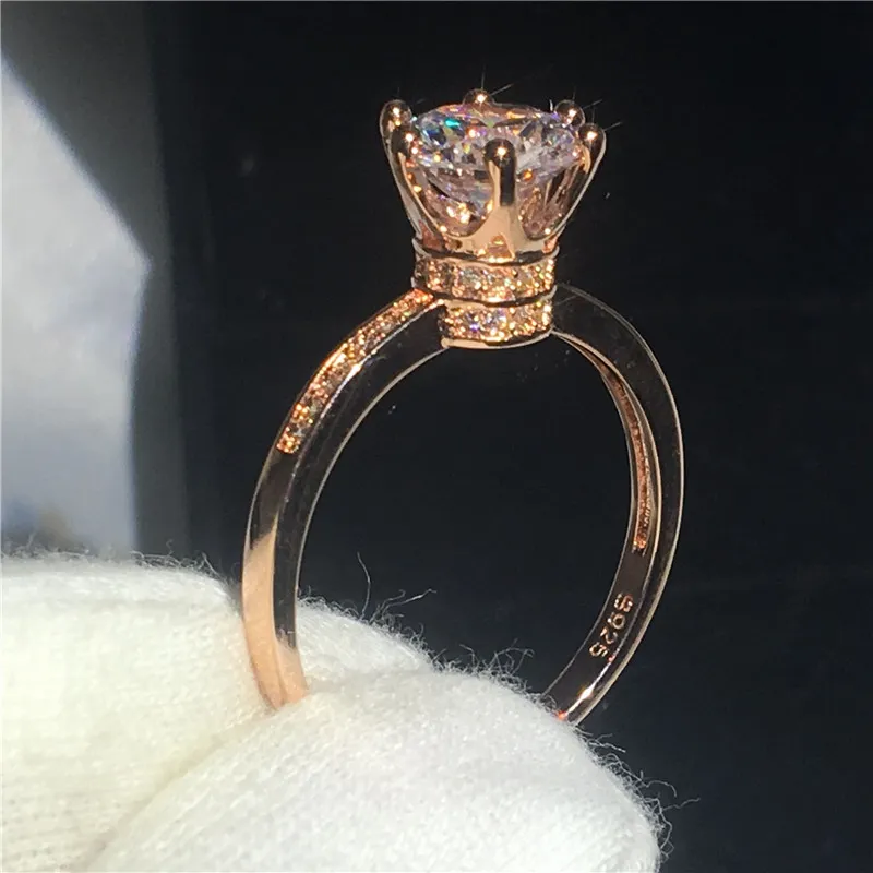 Fashion Lady Crown ring 1ct 5A Zircon Cz Rose Gold Filled 925 silver wedding band rings for women bridal Jewelry Gift