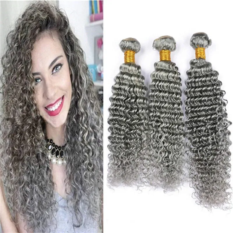 Grå brasilianska hårbuntar Deep Wave Curly Human Hair Weave 3 buntar erbjudanden 8a Billiga Färg Grå Virgin Hair Extensions