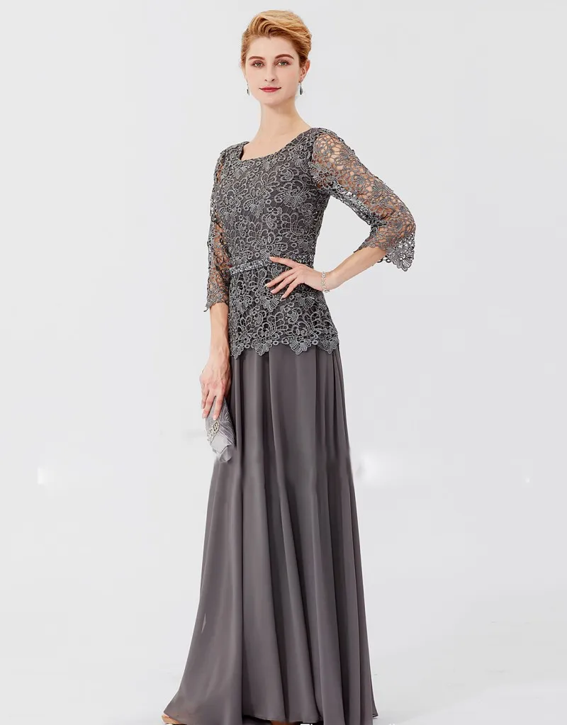 Grey Mother Of The Bride Dresses Applique Beaded 3/4 Long Sleeve Mother Of The Groom Gowns For Wedding Plus Size Evening Dress