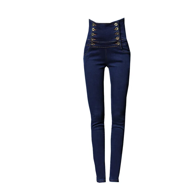 Plus Size 2018 Jeans blu con lacci a vita alta Pantaloni skinny a doppio petto in denim Pantaloni a matita elasticizzati alla moda