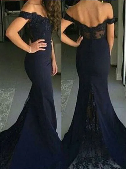 Sexy Dark Navy Mermaid Bridesmaid Dresses Off Shoulder Zipper Back Sheer with Applique Sweep Train Elastic Satin Wedding Party Dresses