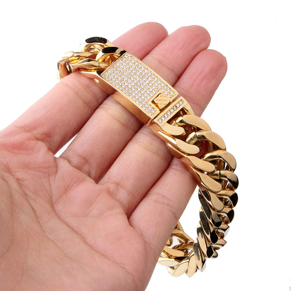 Bracelets à maillons cubains en acier inoxydable de haute qualité à haute polie Chaînes Punk Hip Hop Cool pour hommes avec fermoir en diamant Bracelet 22cm * 15mm