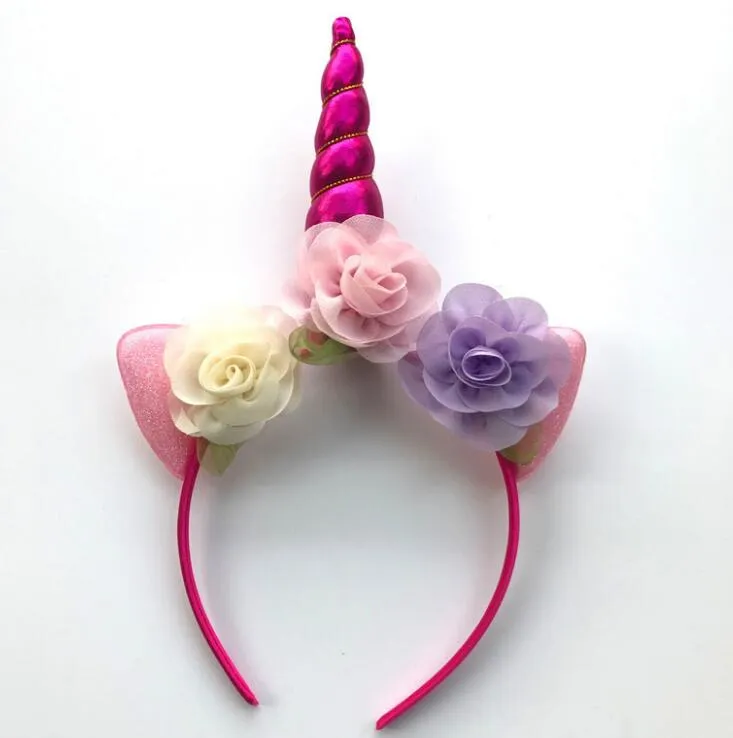 2018 glitter metalliska unicorn huvudband flickor chiffong blommor hårband för barn blad blomma unicorn horn party hår tillbehör ga215