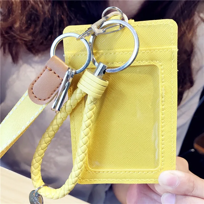 fashion new card case key rings charms cute cartoon pu leather bank id card holder with hand strap 7 models 3 holders