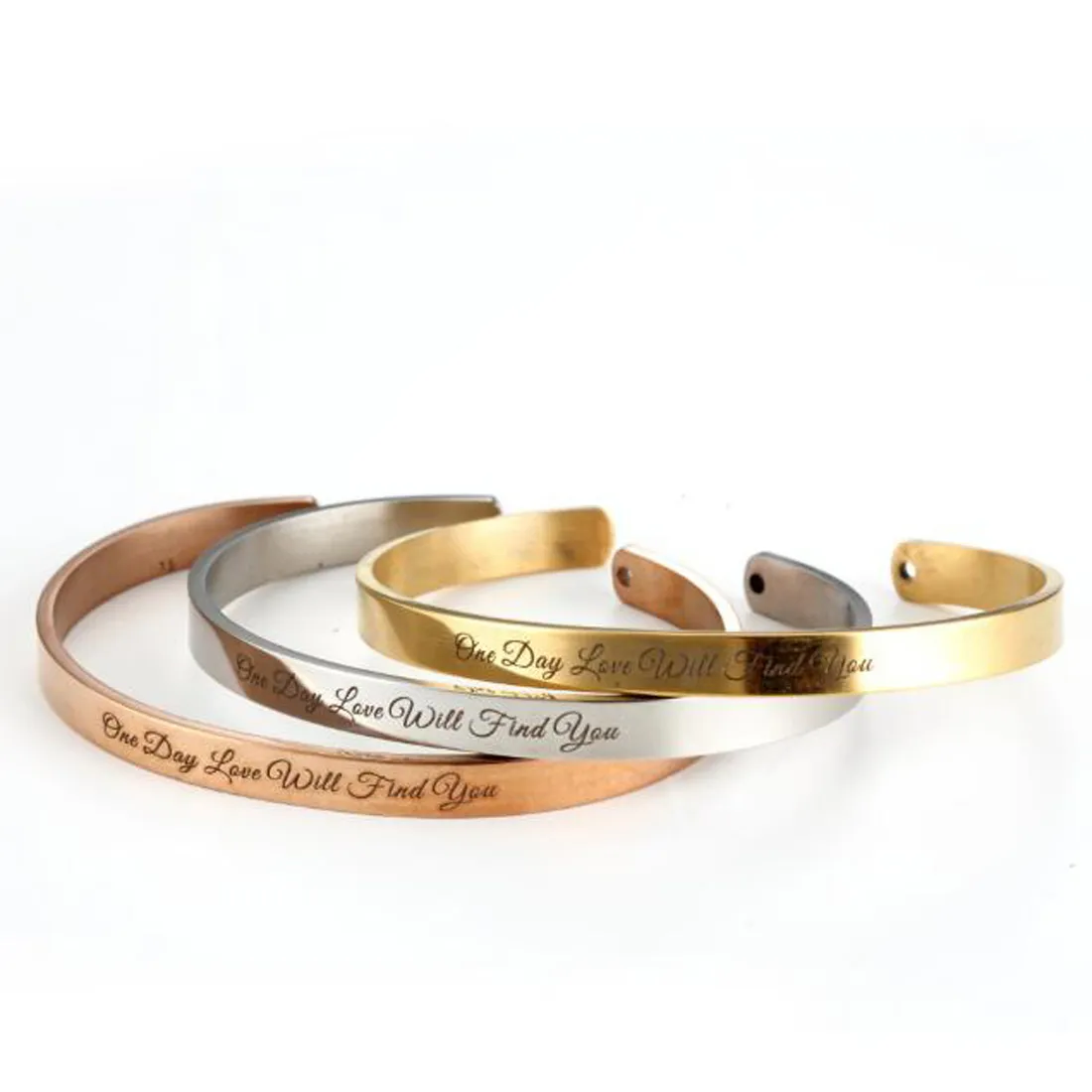 aço inoxidável prata ouro rosa pulseira de ouro '' um dia amor vai encontrar você '' mensagem positiva gravado bracelete para mulheres meninas adolescentes