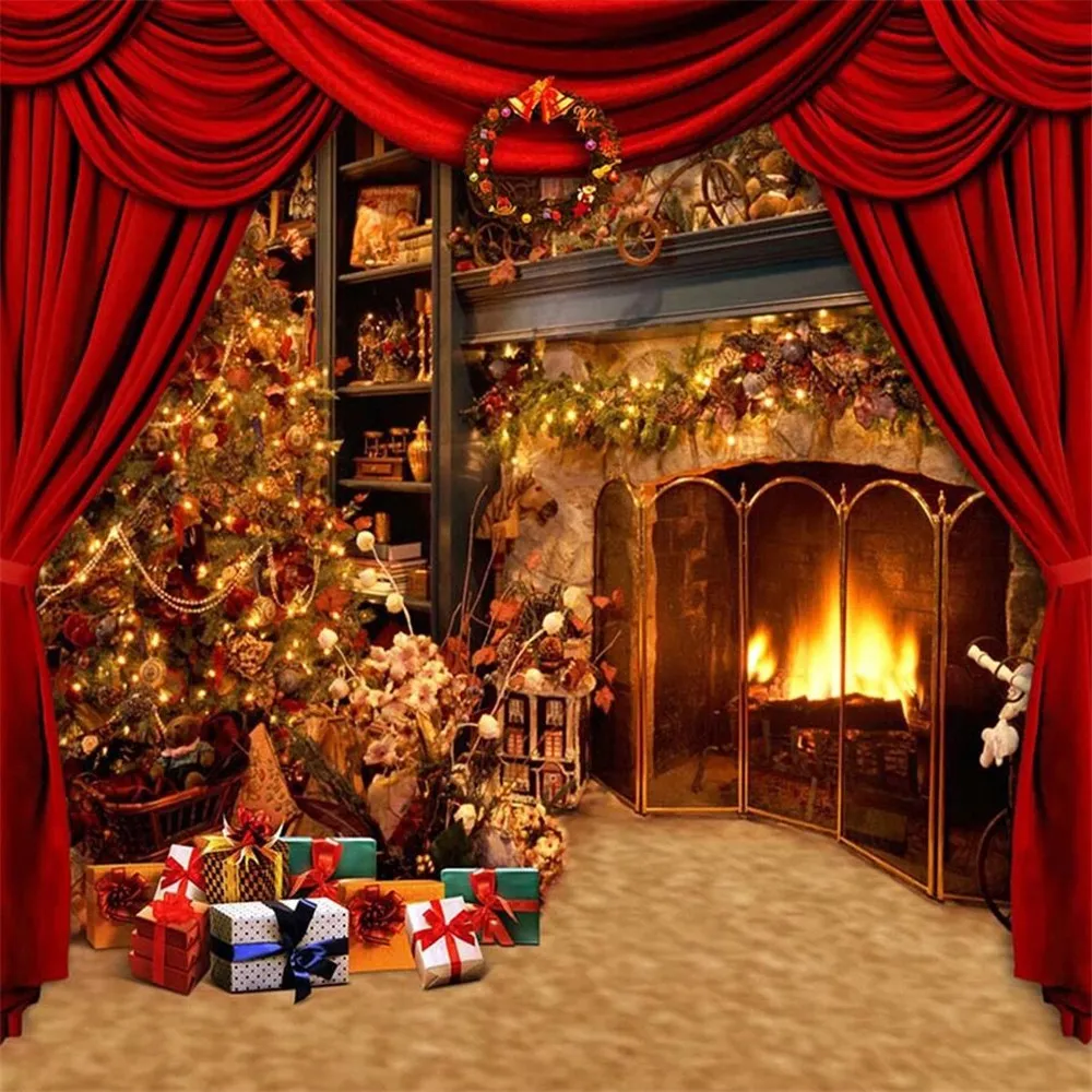Innenkamin-Weihnachtsbaum-Fotografie-Hintergrund, bedruckter roter Vorhang, Geschenkboxen, Neujahrsparty, Motto-Fotokabinen-Hintergrund