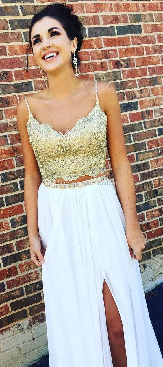 Gold and white two piece prom dress clearance