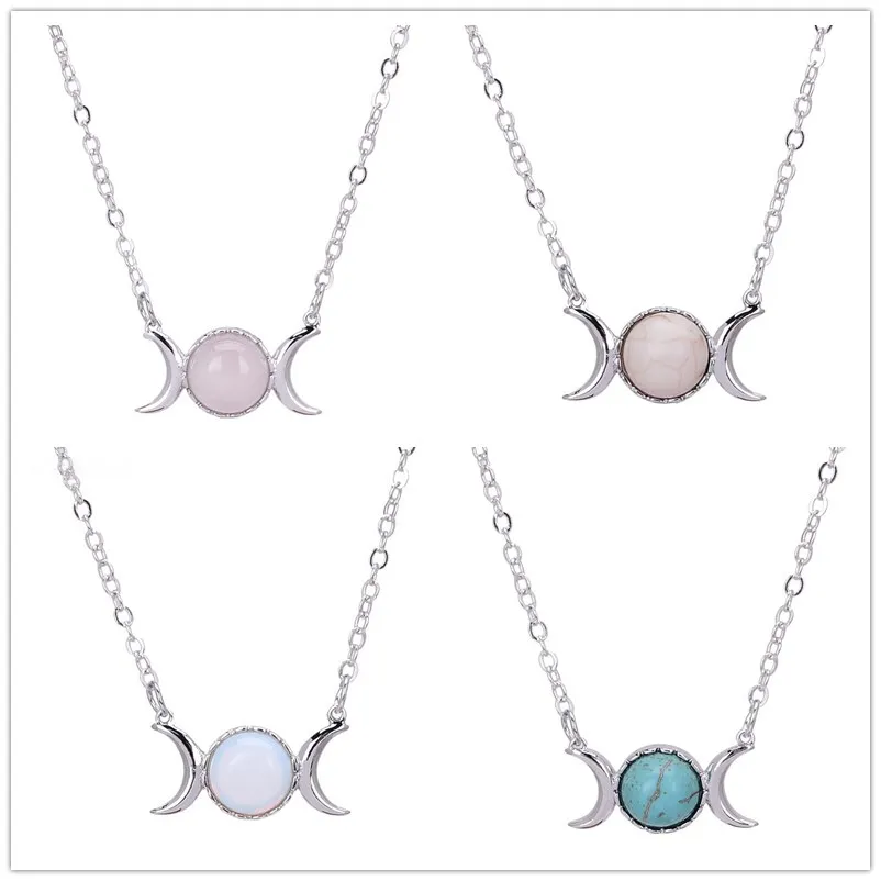 Fahsion banhado a prata colar de pedra natural sol lua opala turquesa rosa colar de pingente de cristal para as mulheres de jóias