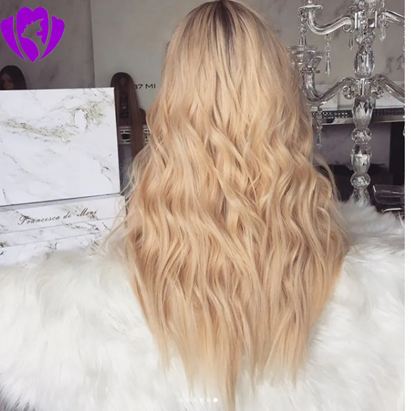 180% densitet 30inches Long Ombre Blond Wig Body Wave Synthetiska Hår Lace Front Paryker Med Naturlig Hårlinje För Svartvita Kvinnor