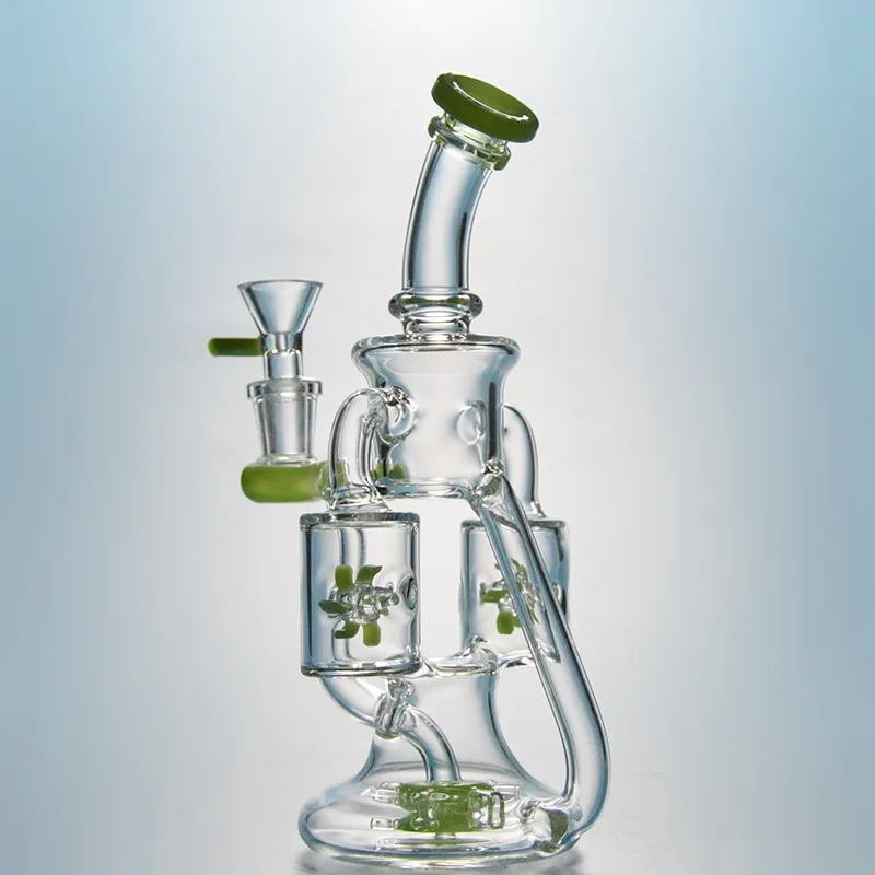 DHL Free Double Recycler Rig Unique Glass Bong Showerhead Perc Dab Rig Propeller Percolater Waterpipes Purple Green Glass Water Bong XL167