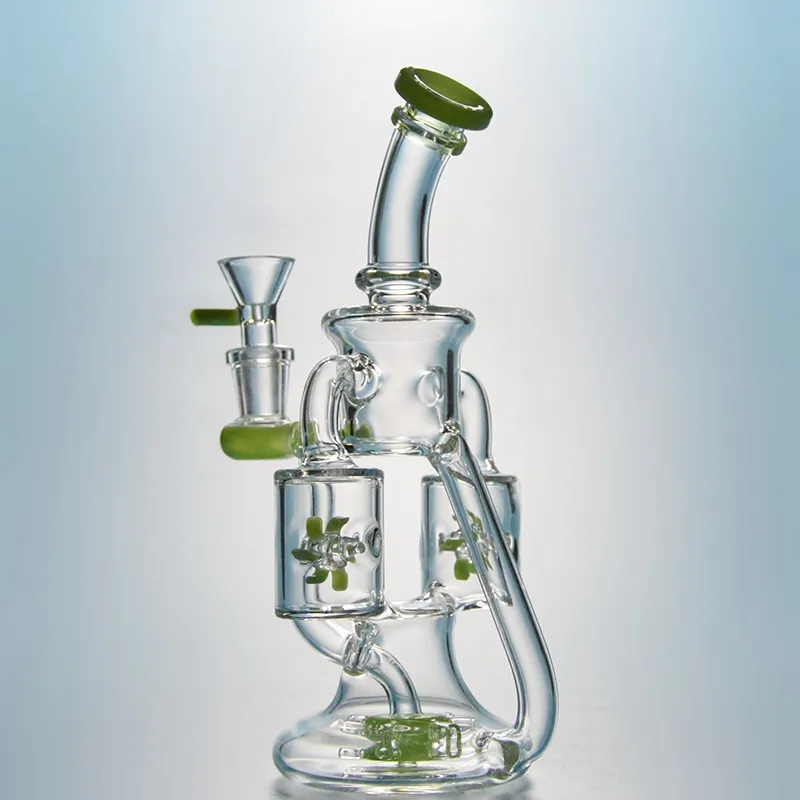 Unico Bong in vetro Doppio riciclatore Dab Rigs Elica Perc Percolatore Tubi acqua in vetro inebrianti Verde viola Rig petrolifero Elica Pipa ad acqua XL167