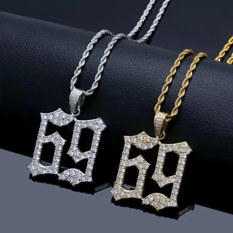 Coole mannen hiphop ketting geel wit goud ice out cz nummer 69 hanger ketting voor mannen vrouwen punk sieraden