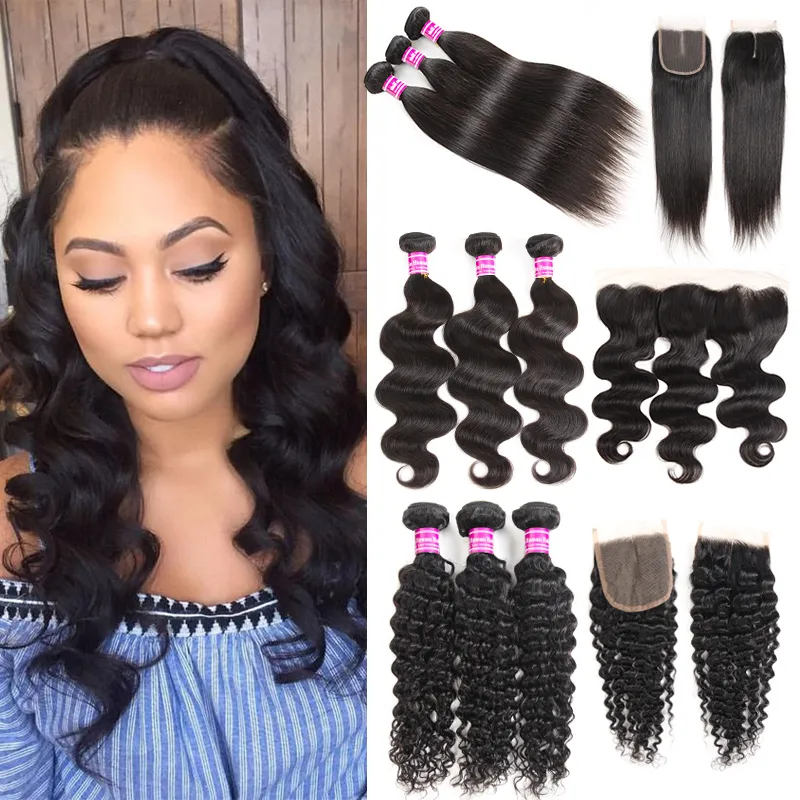 8a Brasilianska Virgin Hair Straight Bundles With Frontal Djupvåg Mänskligt Hår Vävar Leverantörer Kinky Curly Hair Wefts med stängningstillägg