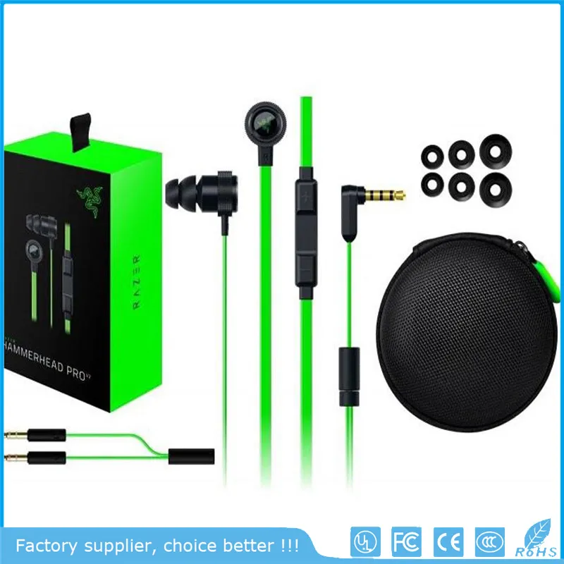 Mobiltelefonörlurar Razer Hammerhead Pro V2 hörlurar i öronörluftmikrofonen med Retail Box Gaming Headset Bullisolisolering Stereo Bass 3,5 mm