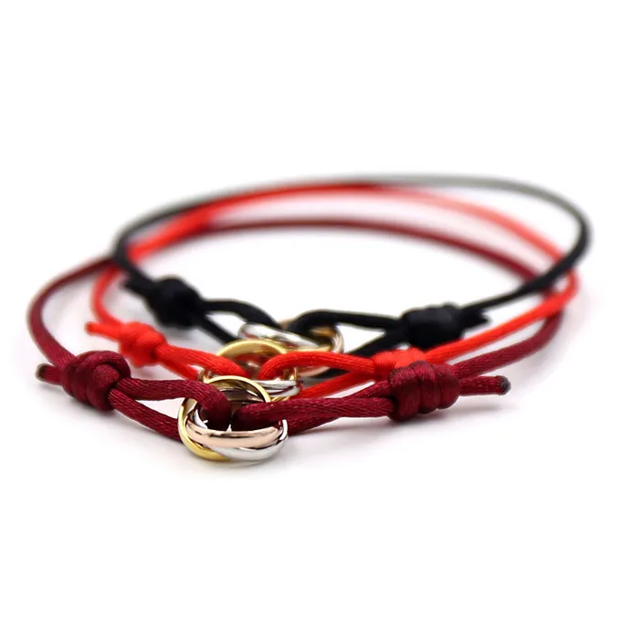 Bracelete de corda vermelha de fecho de aço inoxidável 316L com três cores anel chapeado para mulheres e homem moda jóias venda quente
