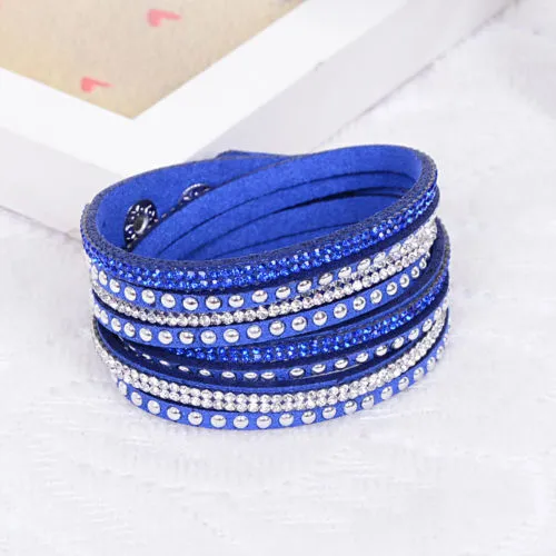 Women Crystal Rhinestone Slake Deluxe Leather Wrap Wristband Cuff Punk Bracelet Bangles Fit Party Best Gift 