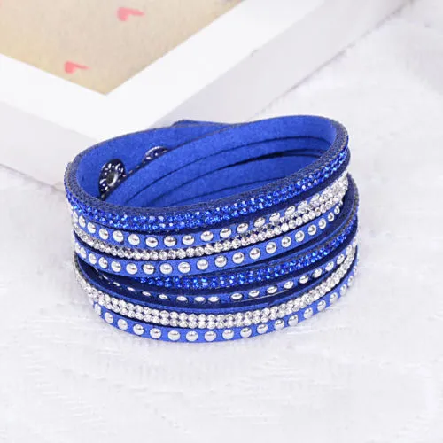 Mujeres Crystal Rhinestone Slake Deluxe Leather Wrap Muñequera Cuff Punk Pulsera Brazaletes Fit Party Mejor regalo es