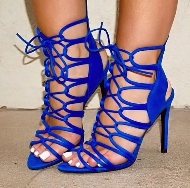 2018 Rom stil Lace-up High Heels Gladiator Sandals Ankelband Slingback Kvinnor Pumpar Cut-Outs Stiletto Heels Women Shoes