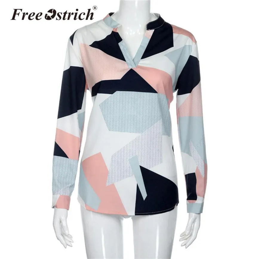 Free Ostrich 2018 Damen-Bluse, geometrisches Muster, V-Ausschnitt, volle Ärmel, lässig, Damen, elegantes Hemd, Blusas