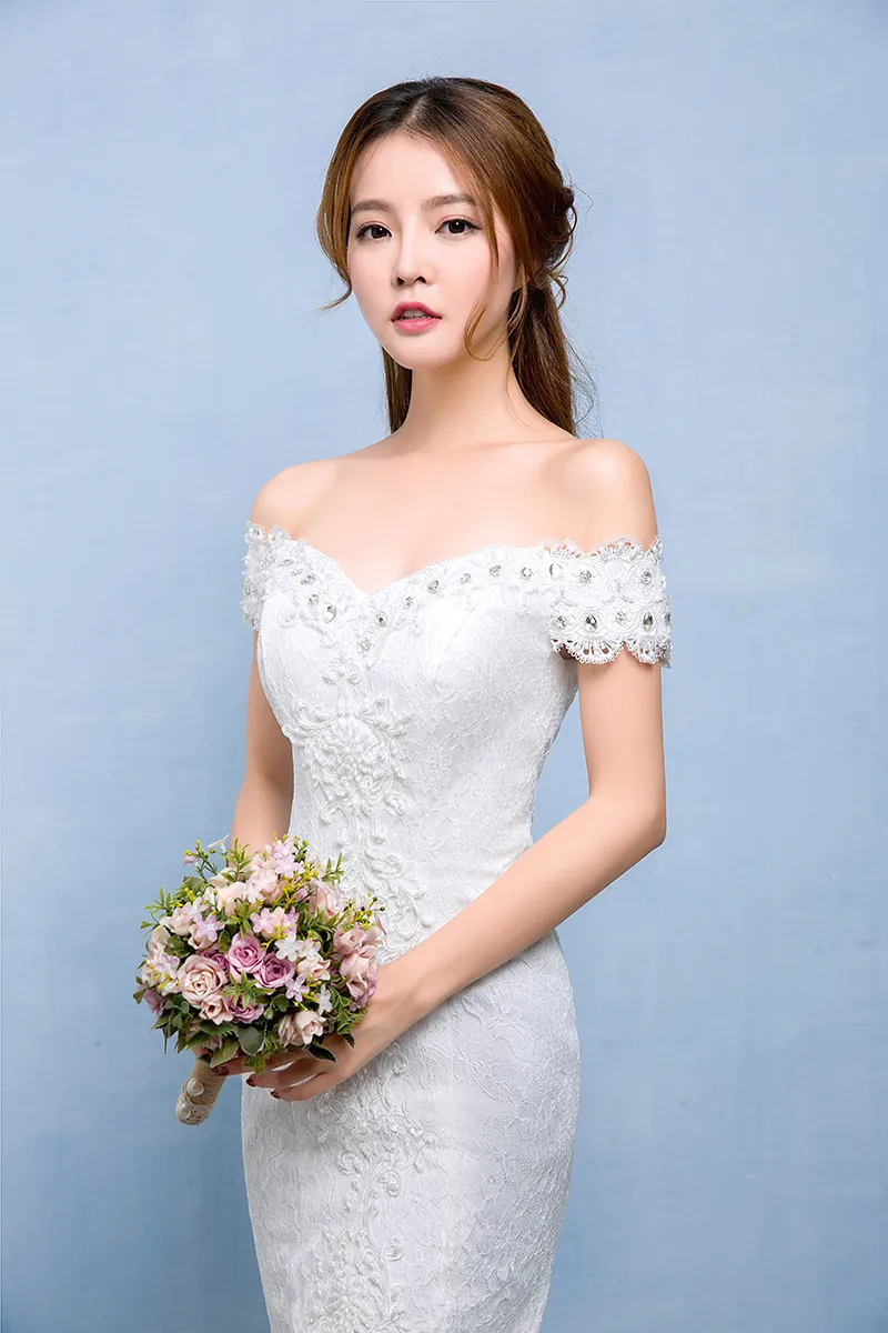 Real Photo Sexy Mermaid Train Wedding Dress 2018 New Style Korean Smiple Lace Crystal Fishtail Bride Princess estidos de noiva