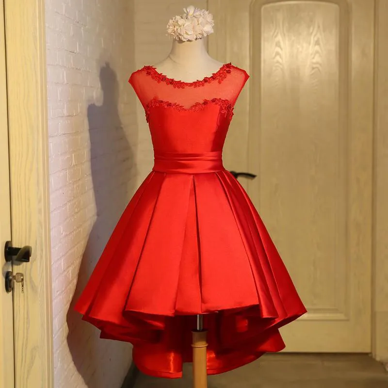 Ronde hals kant satijn hoge lage cocktail jurk kant-up 2019 elegante prom jurk marineblauw roze rode feestjurk