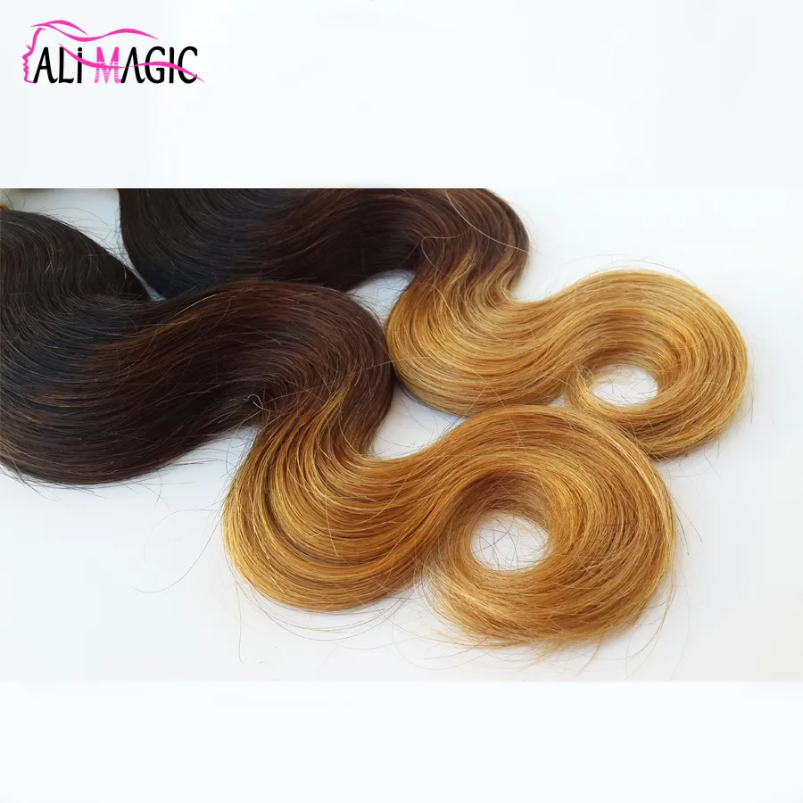 Alimagic Factory Outlet Three Tone Body Wave Ombre Hair Weave 1B/4/27 Blond Ombre Virgin Human Hair 100G/PCS BRAZILIAN PERUSTIAN