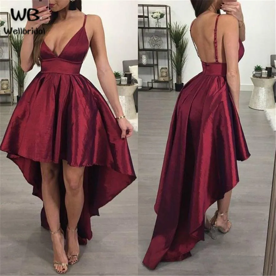 Stunning Spaghetti Straps Arabic Homecoming Dresses Burgundy High Low Satin African Short Prom Dress Cocktail Graduation Party Club Wear