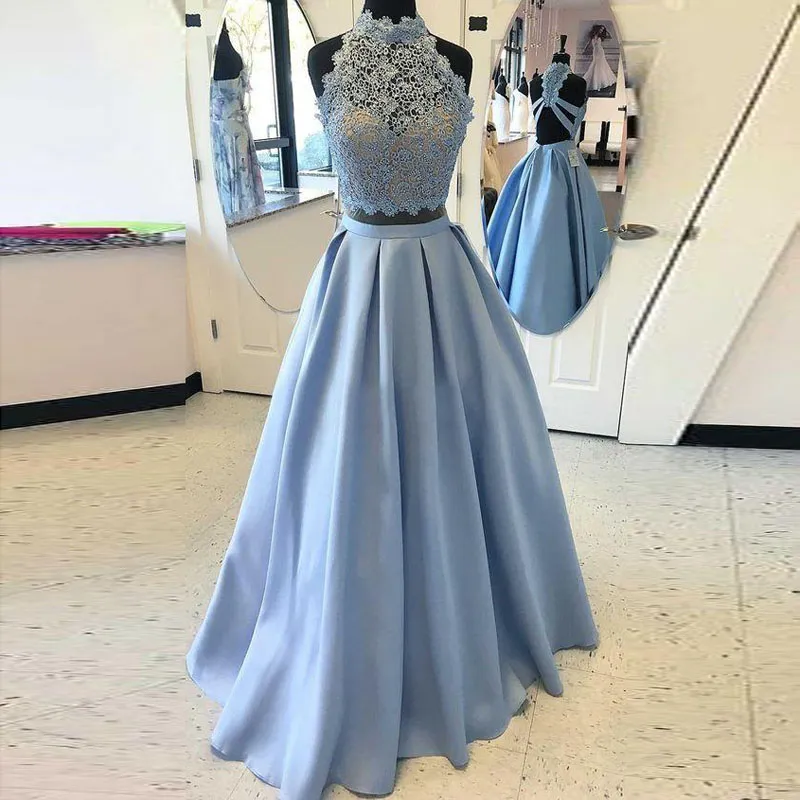 Light Sky Blue Prom Dress Two Piece Lace Top Evening Gown, High - Main Image