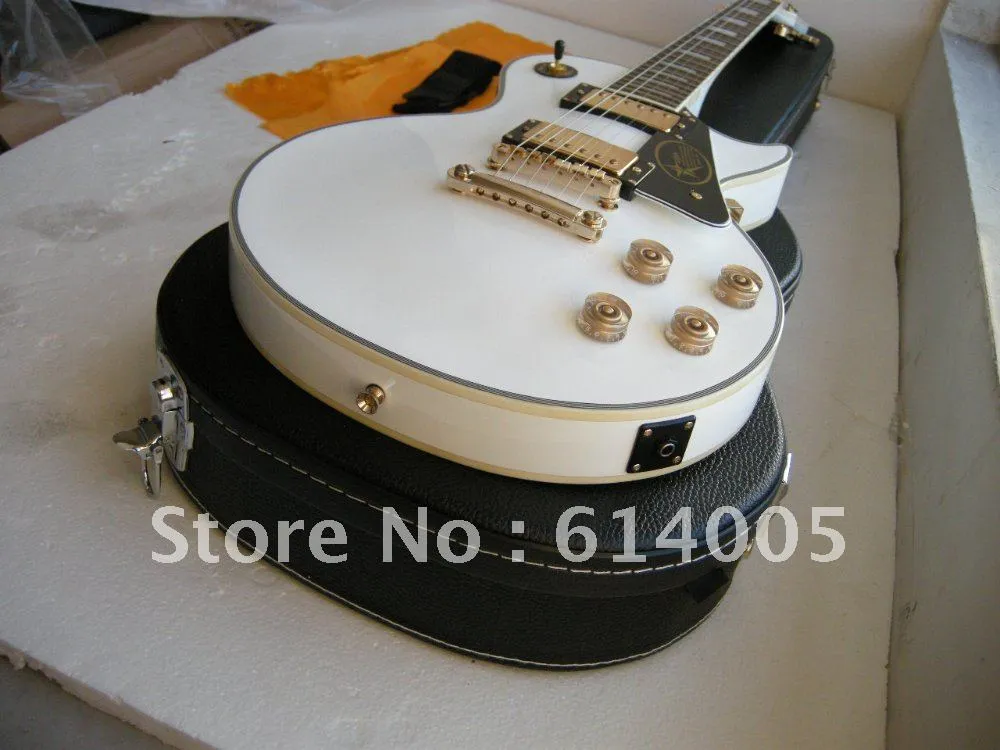 Gratis verzending groothandelsprijs LP Custom elektrische gitaar in witte kleur op voorraad MET CASE Ebbenhouten hals