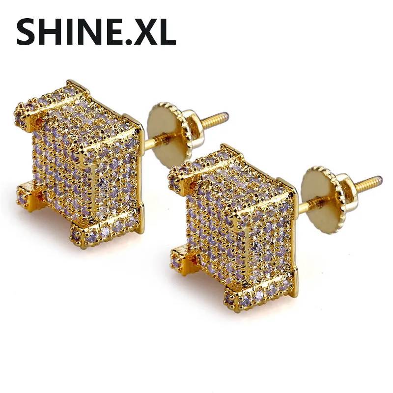 Hip Hop nuevo personalizado Iced Out Gold Color Micro pavimentado Zircon Square Stud pendiente con tornillo Back Bling joyería para mujeres y hombres