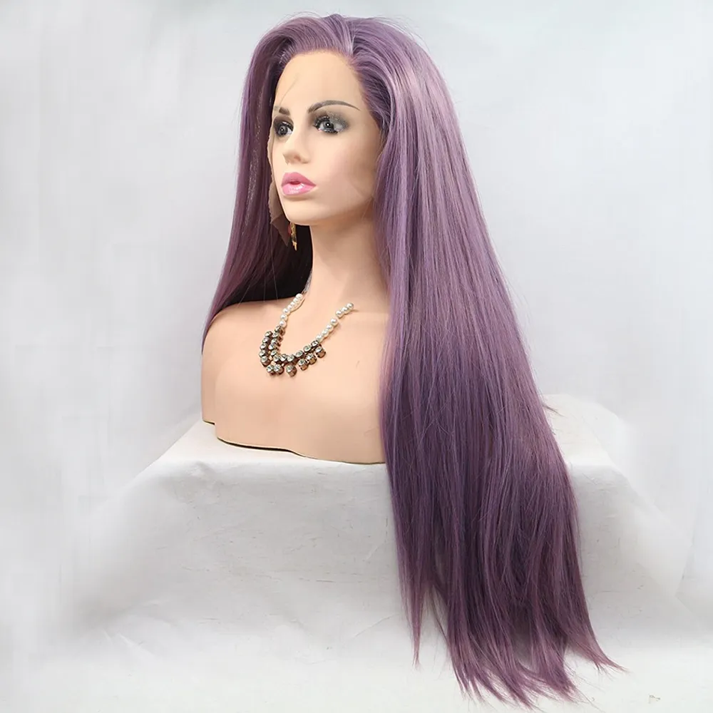 Parrucca anteriore in pizzo sintetico viola dritto senza colla in fibra resistente al calore di bellezza fantasy, parrucche di capelli color lavanda per le donne