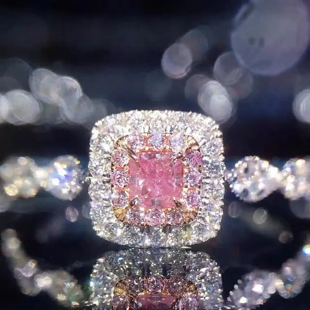 Oryginalna moda damska 925 srebro pierścionki Diamonique 1Cz 5A różowy Cz pierścionek zaręczynowy dla kobiet prezent