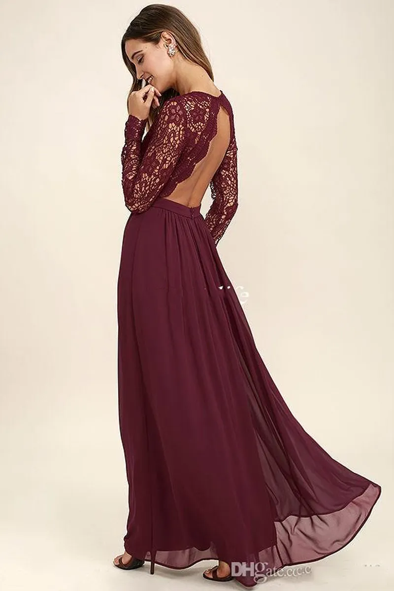 Burgundy Chiffon Bridesmaid Dresses Long Sleeves Western Country Style V-Neck Wedding Party Dresses Backless Long Beach Wedding Gu244i