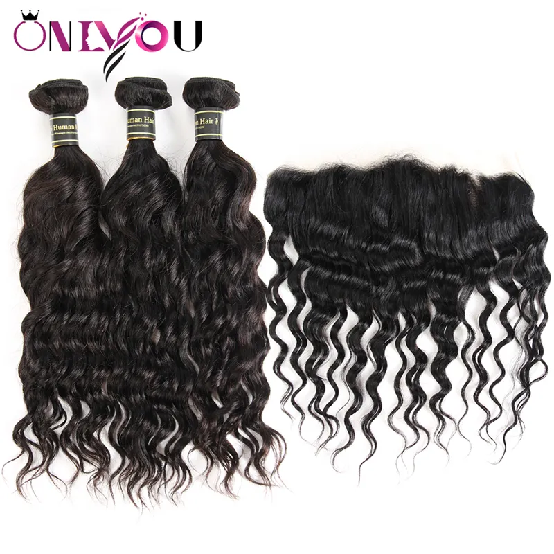 Unprocessed Brazilian Virgin Human Hair Weave 3 Bundles with Lace Frontal Deep Body Wave Kinky Curly Hair Extensions Frontal Weaves Closure