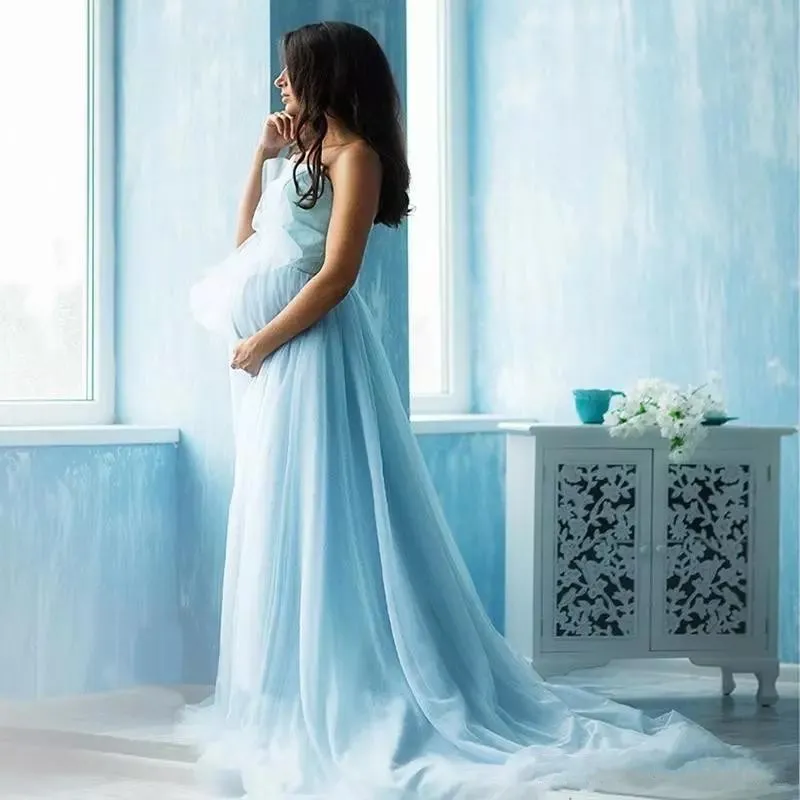 Eleganckie 2018 Ciąży Ciąży Suknie Wieczorowe Suknie Suknia Fotografii Bez Ramiączna Linia Sąd Pociąg Lekki Niebieski Tulle Maternity Kobiety Prom Dress