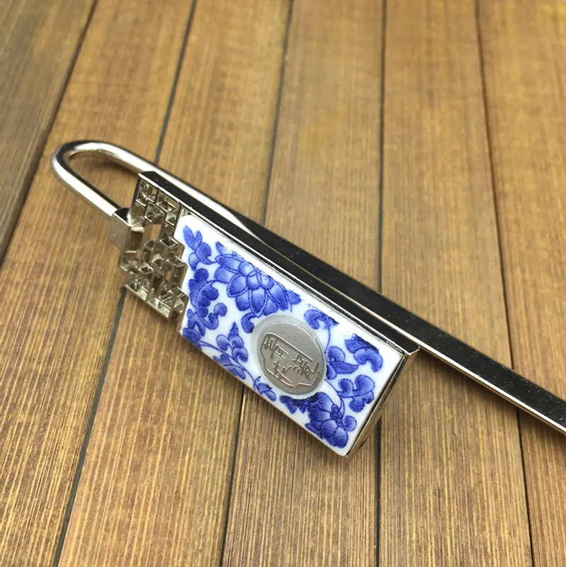 Elegante Azul e branco Marcador de Porcelana Retro Chinês Bookmarks Fantasia com Caixa de Presente Presente Do Professor de Escritório de Negócios Criativo