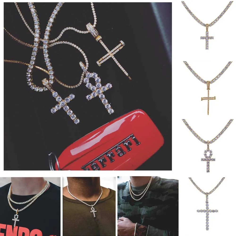 Hip Hop Iced Out Collana con pendente a croce Ankh Catena da tennis da 4 mm Micro pavé di pietre CZ Catene d'oro per uomo