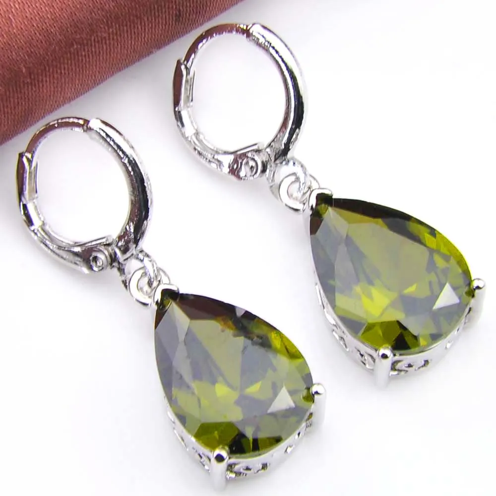 10PRS LuckyShine Fashion Shine Water Drop Fire Peridot Cubic Zirconia Gemstone Silver Dangle Oorbellen voor Holiday Wedding Party