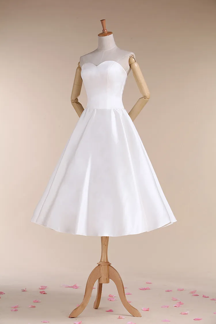 Vintage Satin Wedding Dresses Tea Length Wedding Dresses Strapless ...