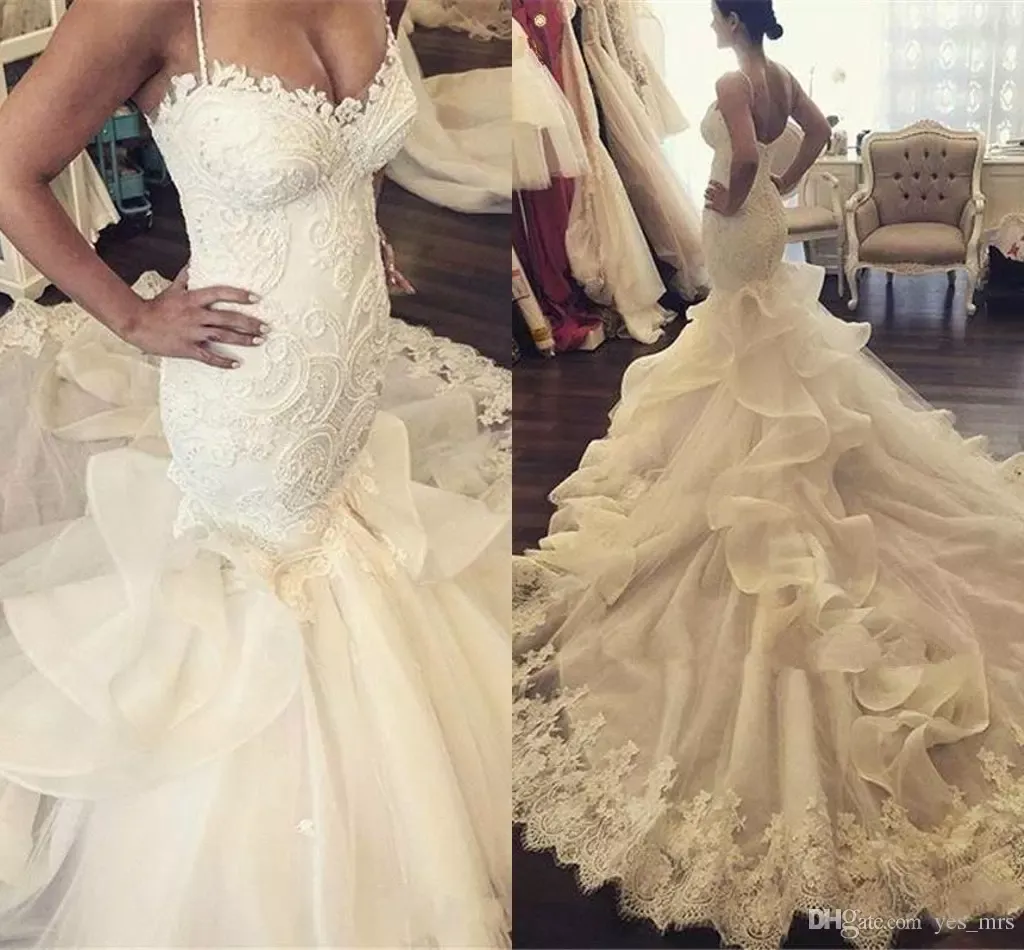 2018 New Sexy Mermaid Wedding Dresses Spaghetti Straps Lace Appliques Ruffles Long Chapel Train Button Back Plus Size Formal Bridal Dress
