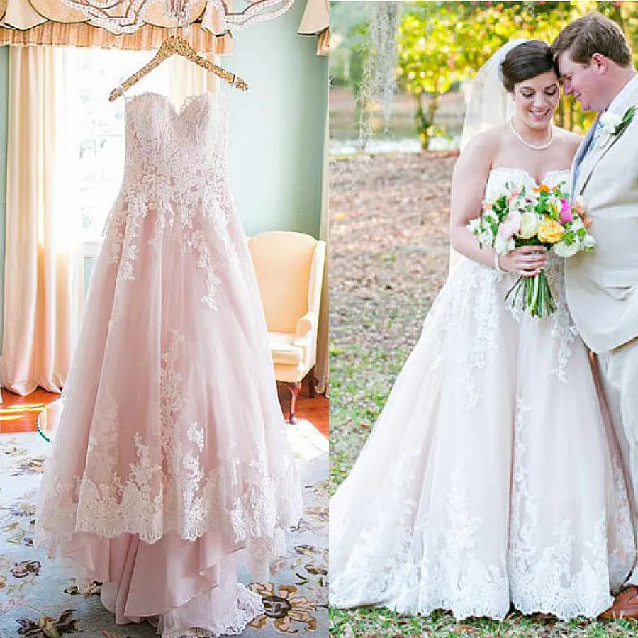 Robe de mariée trapèze rose chair, décolleté en cœur, avec des Appliques en dentelle, traîne élégante, grande taille, robes de mariée