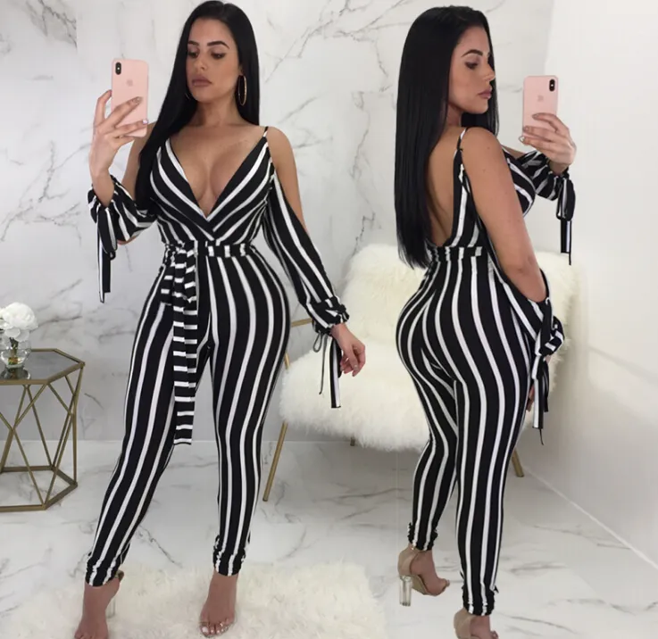 Mode Gestreepte Lange Rompertjes Jumpsuits Zomer Nieuwe Vrouwen Sexy Deep V-hals Split Lange Mouw Slanke Bodycon Pants Overalls