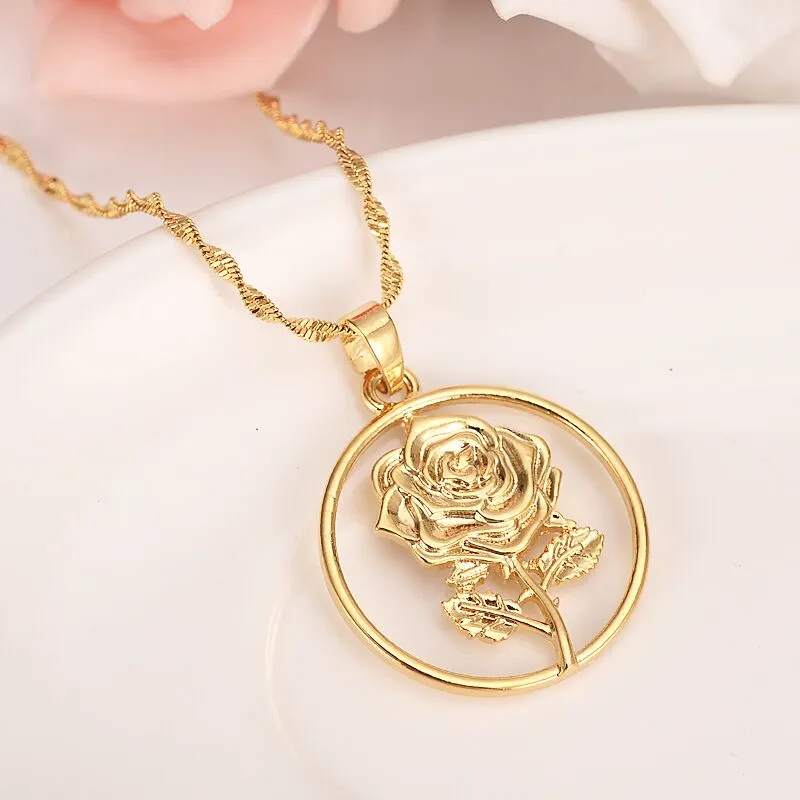 Fine Yellow Gold Filled Lucky Rich Jewelry set big Golden Earrings Pendant Necklace Chain Rose Flower Lady