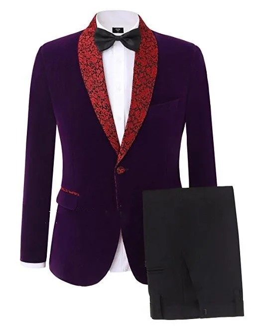 Automne Hiver Mode Violet Velours Hommes De Mariage Tuxedos De Haute Qualité Marié Tuxedos Sur Mesure Hommes Blazer 2 Pièces Costume (Veste + Pantalon + Cravate) 1983