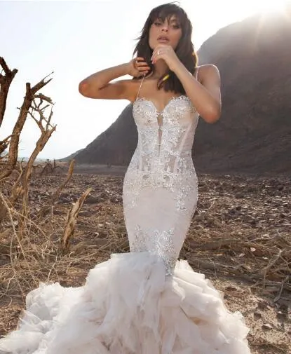 PNINA TORNAI Mermaid Trouwjurken Spaghetti Backless Kant Bruidsjurken met Beads Sweep Trein Plus Size Beach Trouwjurk